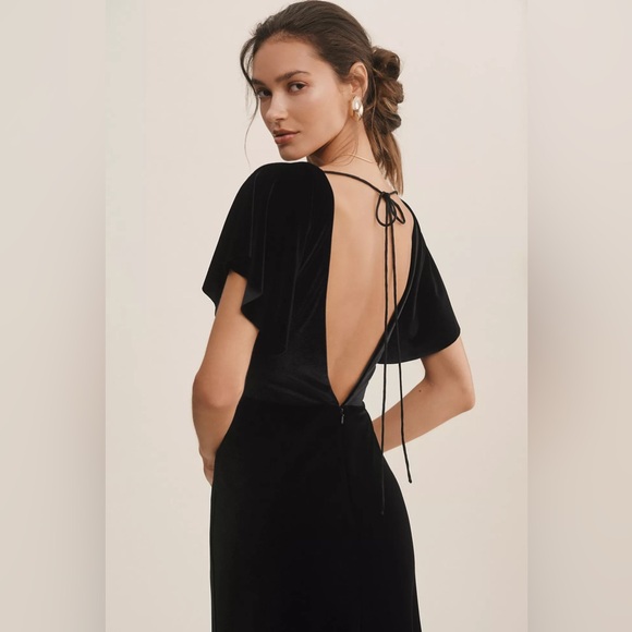 NWT Jenny Yoo Rachel Square Neck Long Sleeve Stretch Velvet Gown Black Anthro - Picture 2 of 7